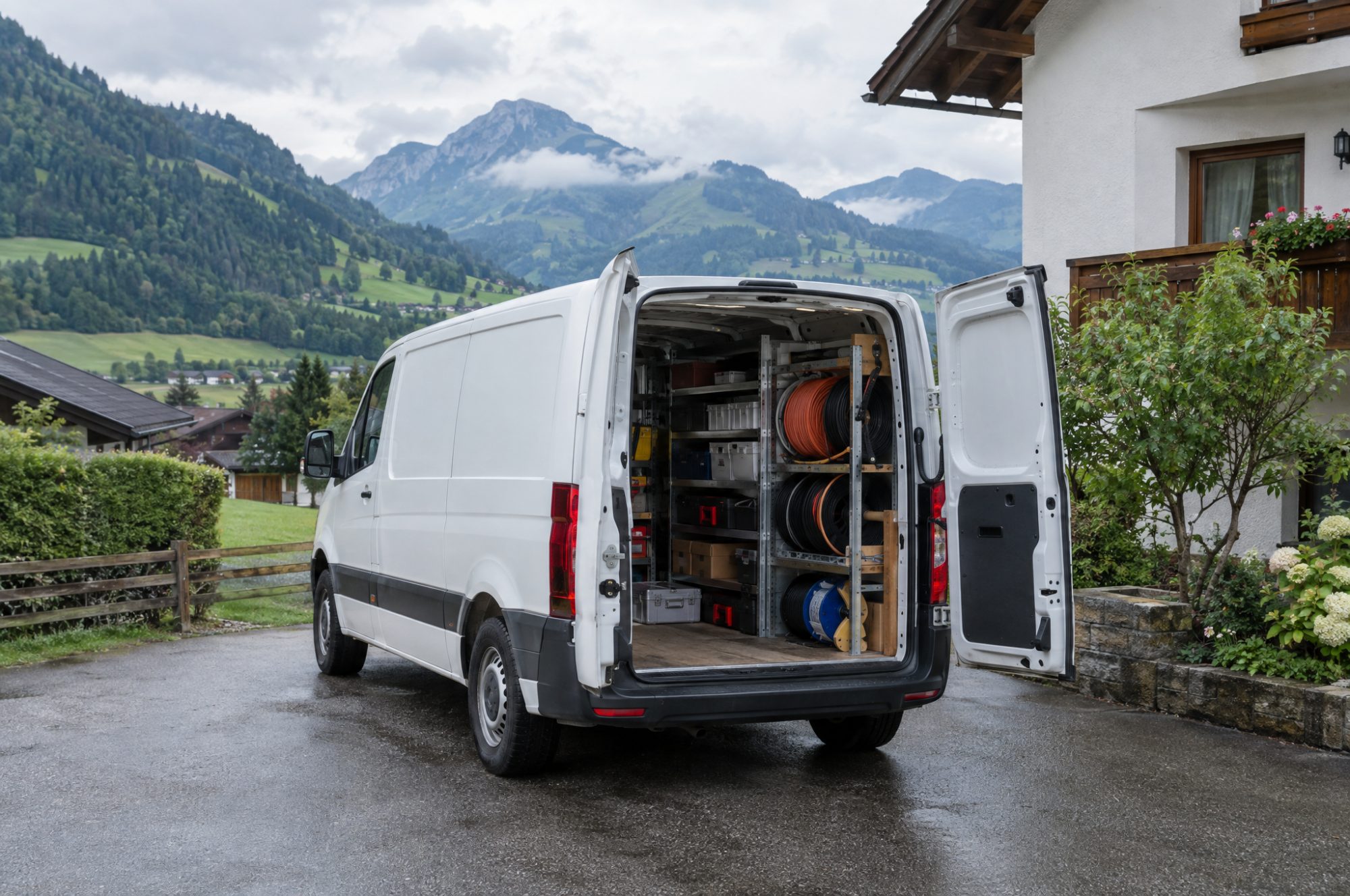 Montagebus vor einem Einfamilienhaus